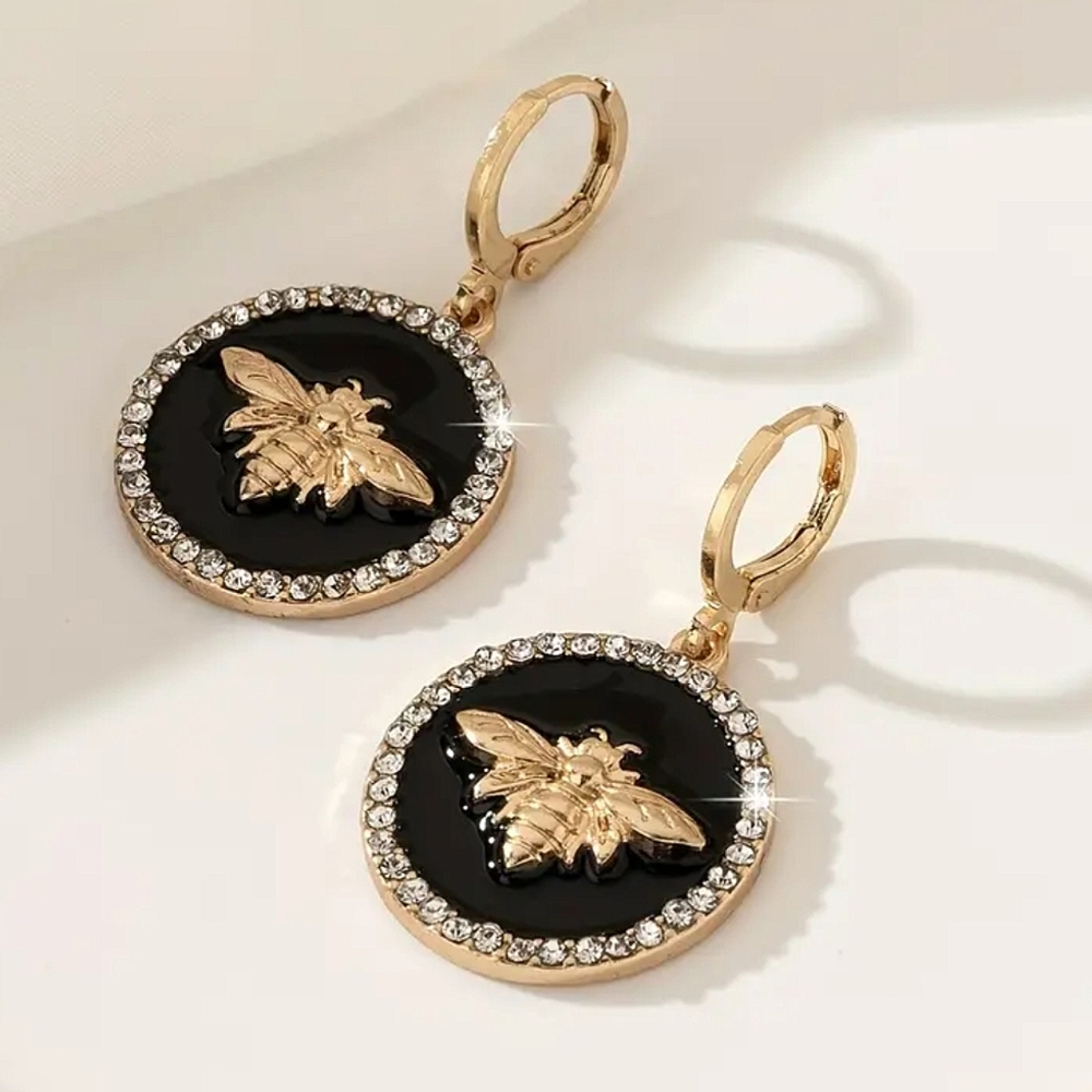 Black, Gold & Bling Bee Dangle Earrings